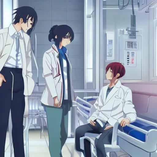 Image similar to a cute and beautiful young lady wearing white coat are talking with a handsome young man wearing white coat in a hospital ward, highly detailed, slice of life anime, illustration, anime scenery by Makoto shinkai