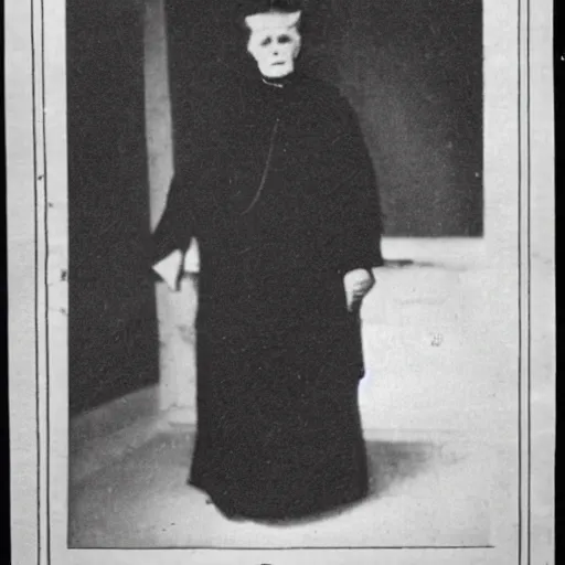 Prompt: black and white grainy newspaper photo from 1898 of an old scary lady in black suit