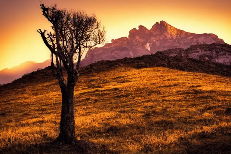 Image similar to A beautiful landscape photography of Ciucas mountains mountains, a dead intricate tree in the foreground, sunset, dramatic lighting by Anselm Adams and Albrecht Durer,