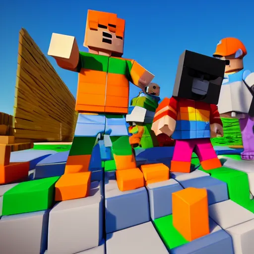 Prompt: high quality 3d render of block figures looking like roblox figures, while looking at a computer, playing in a block world, having fun in the sun, bright and fun colors, octane render, trending on artstation