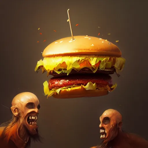 Prompt: a monster with a hamburger head, concept art, fantasy drawing, illustration, highly detailed, hyperrealistic, cgsociety, artstation, oil painting by greg rutkowski