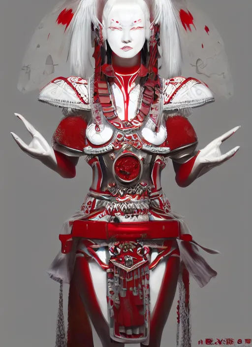 Prompt: albino maiko in a ornated armor war paint, fluent composition, red and white neon, concept art, ambient light, 4 k, intricate details, highly professionally detailed, cgsociety, highly detailed -