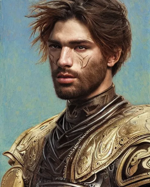 Prompt: a handsome male warrior by Boris Valejo and Laura Sava and Edgar Maxence