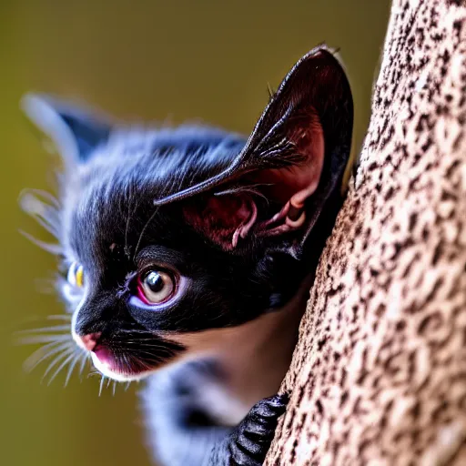 Image similar to a bat kitten, in a tree, Canon EOS R3, telephoto, very detailed, 4k