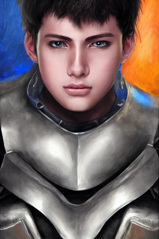 Image similar to a male teenager wearing a silver plate armor, short black hair, artgem style, fancy lighting, complementary colours, face portrait, harmonious, soft colors, digital painting, masterpiece, realistic and detailed face, color painting, realistic, highly detailed, high quality, portait picture, anatomically correct, pixar and disney style, anime style