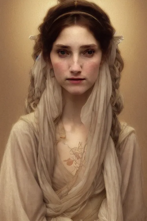 Image similar to Portrait of beautiful pale peasant girl, cinematic lighting, intricate, elegant, highly detailed, digital painting, artstation, smooth, sharp focus, illustration, art by artgerm and greg rutkowski and alphonse mucha and Wayne Barlowe and william-adolphe bouguereau