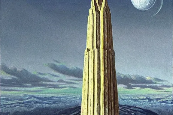 Prompt: the temple of truth is white, whole, holy and beautiful, but is surrounded by a crater of ruin and desolation. it's spire reaches up to the heavens and is topped with a gold statue. | painting by rob gonsalves. stark contrast. landscape painting. trending on artststion. matte painting. awe inspiring