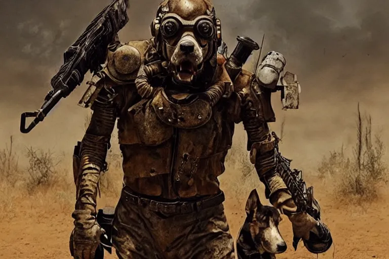 Image similar to a good ol'hound dog fursona ( from the furry fandom ), heavily armed and armored facing down armageddon in a dark and gritty version from the makers of mad max : fury road. witness me.