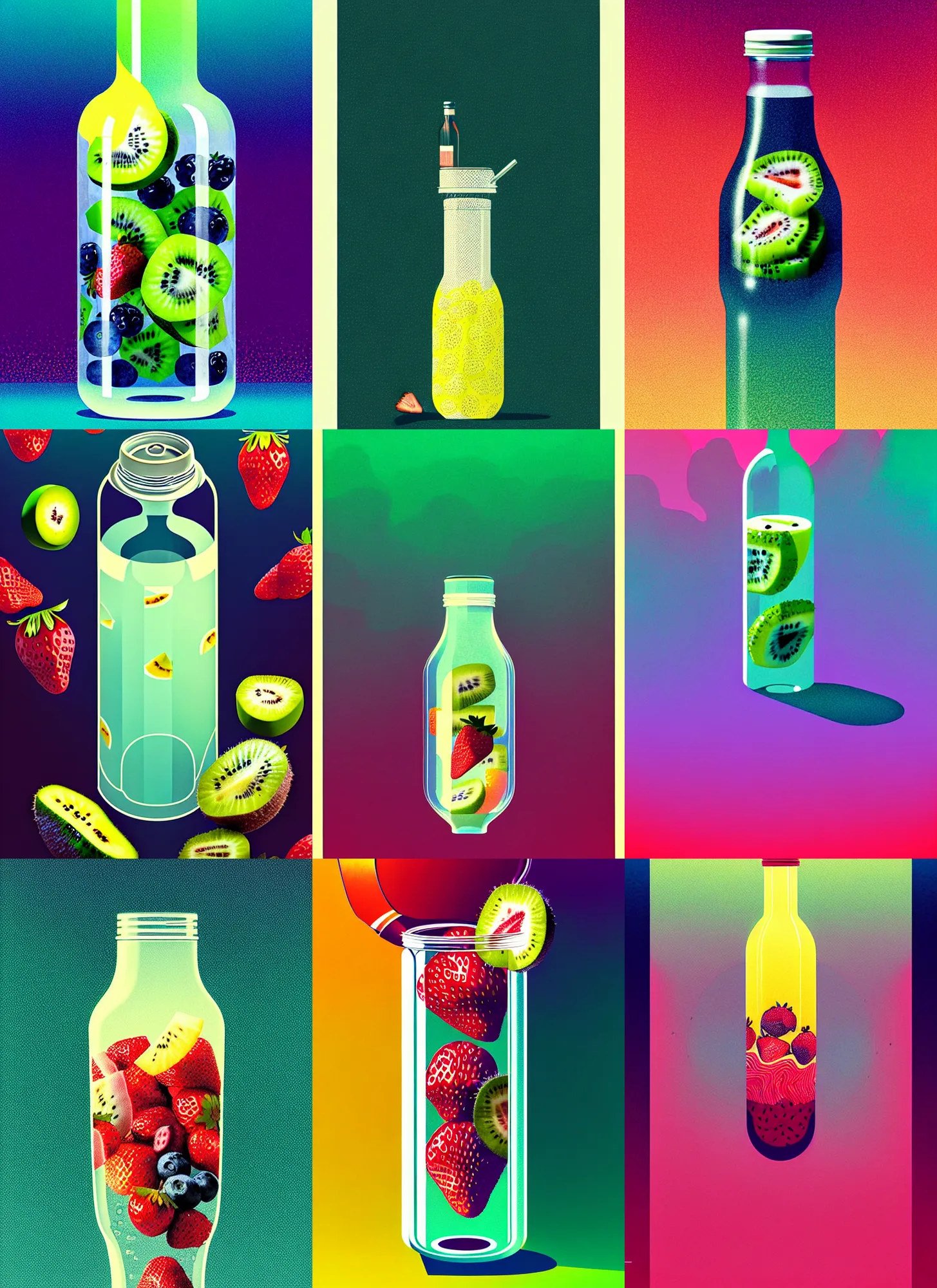 Prompt: ( ( dither ) ), editorial illustration strawberries blueberries sliced kiwi sliced lemon inside a clear drinking bottle, isometric, modern art deco, ( ( mads berg ) ), christopher balaskas, victo ngai, rich grainy texture, detailed, dynamic composition, wide angle, matte print, art nouveau, unreal engine