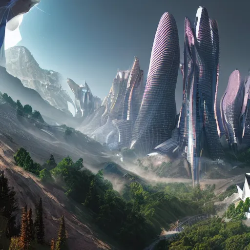 Prompt: a futuristic city in a mountain valley