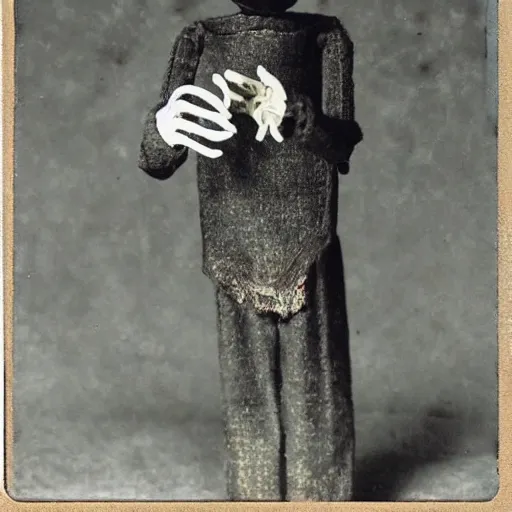 Image similar to alive, creepy marionette puppet, clockwork horror, pediophobia, lost photograph,, dark, forgotten, final photo found before disaster, polaroid,