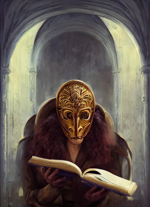 Image similar to Magic Floating Thespian Mask reading a book, no body, bodyless, floating mask, Ivan Aivakovsky, Boris Vallejo, epic fantasy character art, D&D Concept Art, full length, Realistic, Regal, Refined, Detailed Digital Art, Oil Paining, Exquisite detail, post-processing, masterpiece, Cinematic Lighting, Unreal Engine, 8k, HD, Stanley Artgerm Lau, WLOP, Rossdraws, Frank Frazetta, Andrei Riabovitchev, Marc Simonetti, trending on artstation flawless