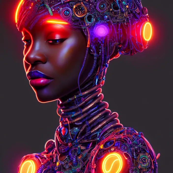 Image similar to beautiful african organic cyborg, neon tube connections, diffuse lighting, fantasy, intricate, highly detailed, lifelike, photorealistic, digital painting, artstation, illustration, concept art, smooth, sharp focus