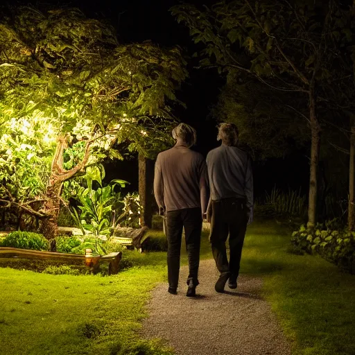 Image similar to A dark photo of two men in a garden at night walking towards a small wooden garden shed