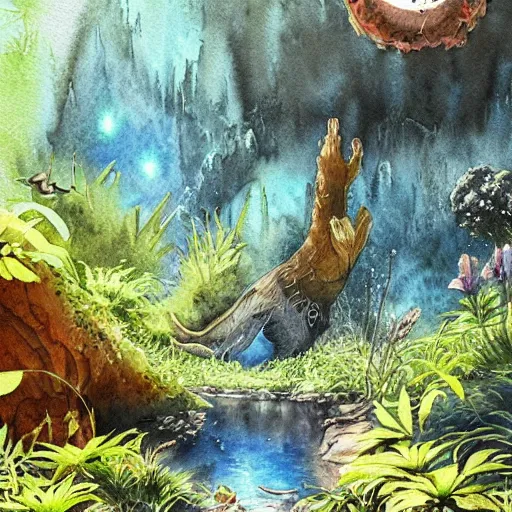 Image similar to beautiful lush natural scene on another planet, with interesting creatures. different than earth but beautiful. lightfall. beautiful detailed artistic watercolor. trending on artstation and deviantart.