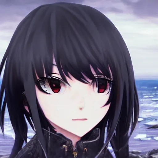 Image similar to 1 7 - year - old anime goth girl, black hair, long bob cut, long bangs, gothic coat, long bangs, standing on cliff along the irish coast, overcast gray skies, ultra - realistic, sharp details, cold lighting, blue and gray colors, intricate details, subsurface scattering, hd anime, 2 0 1 9 anime