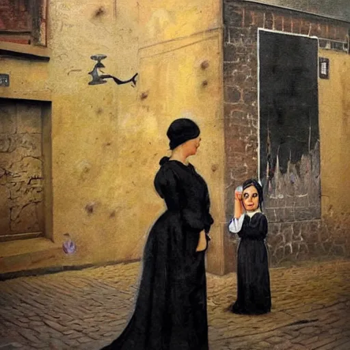 Image similar to This street art was painted in 1937 during the Guerra Civil Española. The woman in the street art is weeping. She is wearing a black dress and a black veil. Her face is distorted by grief. The street art is dark and somber. dutch golden age, Baroque by Marc Simonetti playful