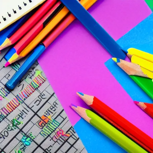 Image similar to back to school with school supplies and equipment, background and poster for back to school, lots of colored pencils along with a pencil sharpener and a ruler, 3 d rendering