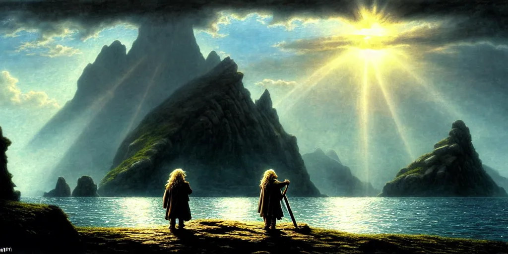 Prompt: a hobbit out at a lord of the rings scenery landscape, staring across the sea from the shore at a white timber sail boat leaving harbour, evening, god's rays highly detailed, vivid colour, soft clouds, full moon, cinematic lighting, perfect composition, gustave dore, derek zabrocki, greg rutkowski, belsinski