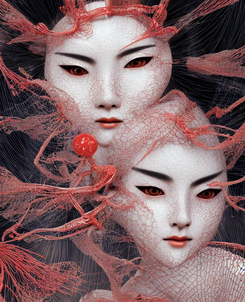 Prompt: close-up macro portrait of the face of a beautiful Japanese geisha with kimono, epic angle and pose, ribcage skeleton symmetrical artwork, 3d with depth of field, blurred background, cybernetic jellyfish female face phoenix bird, translucent, nautilus, energy flows of water and fire. a highly detailed epic cinematic concept art CG render. made in Maya, Blender and Photoshop, octane render, excellent composition, cinematic dystopian brutalist atmosphere, dynamic dramatic cinematic lighting, aesthetic, very inspirational, arthouse, Greg Rutkowski, Ilya Kuvshinov, WLOP, Stanley Artgerm Lau, Ruan Jia and Fenghua Zhong