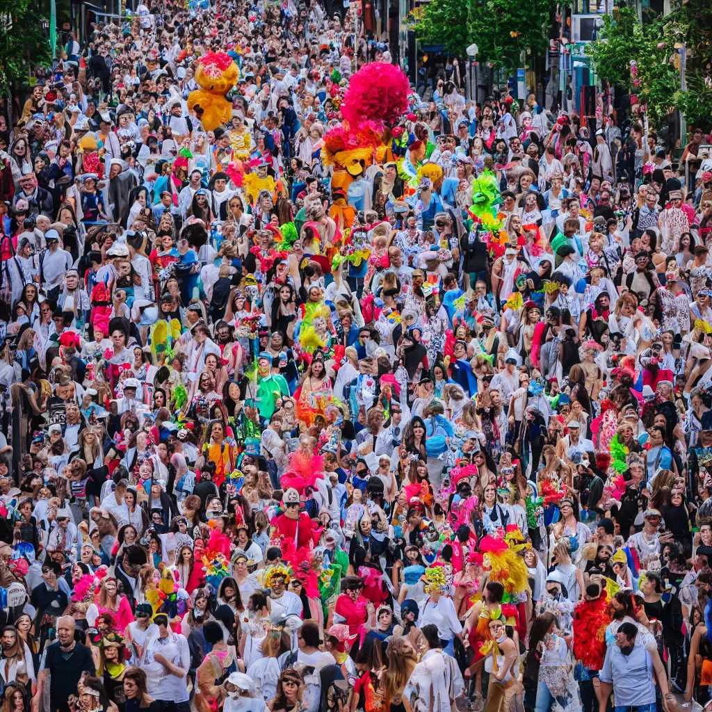 Prompt: a large street parade, everyone is wearing unique paper masks, professional photography