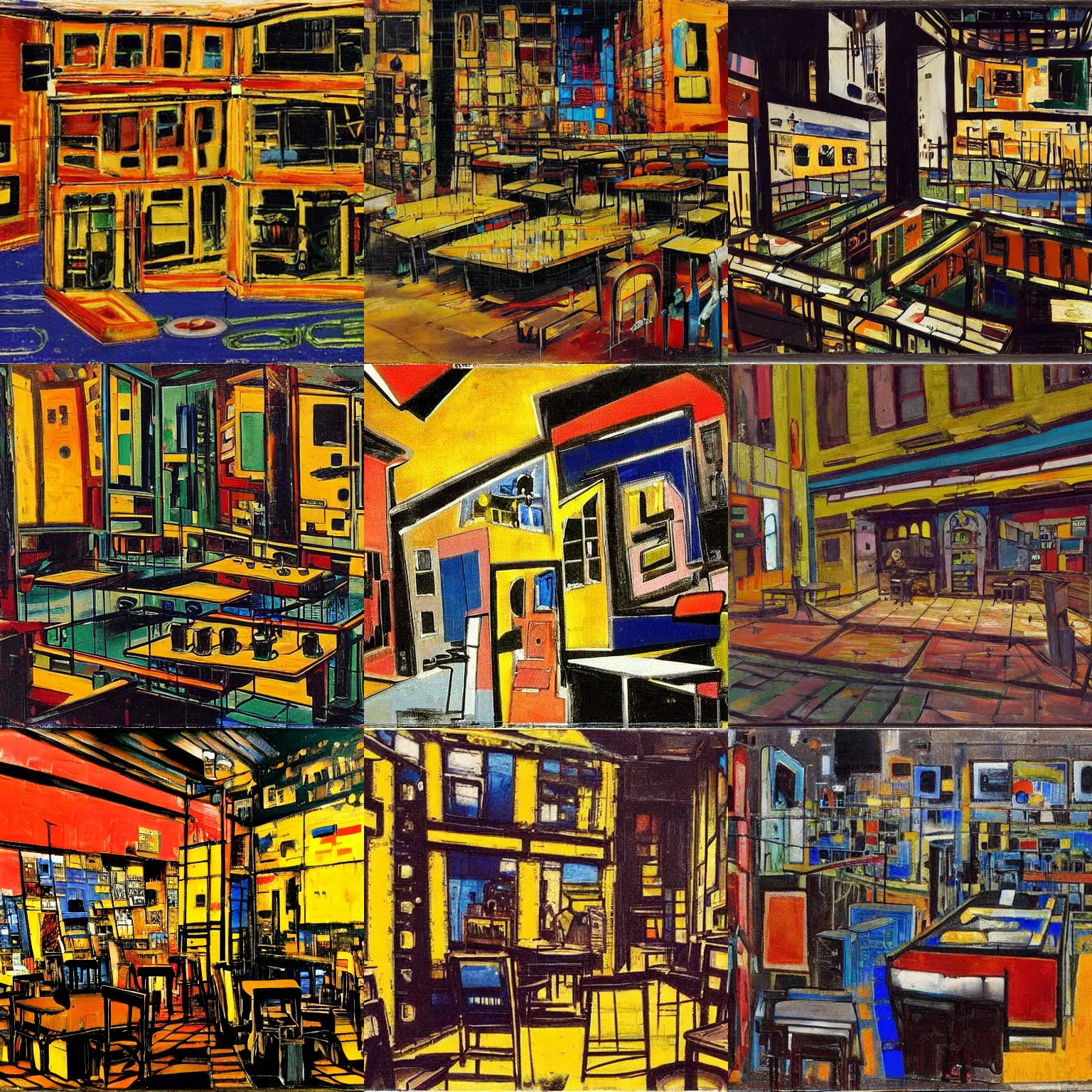 Prompt: A cyberpunk cafe painted by Frank Auerbach and Peter Brook and Richard Pousette-Dart
