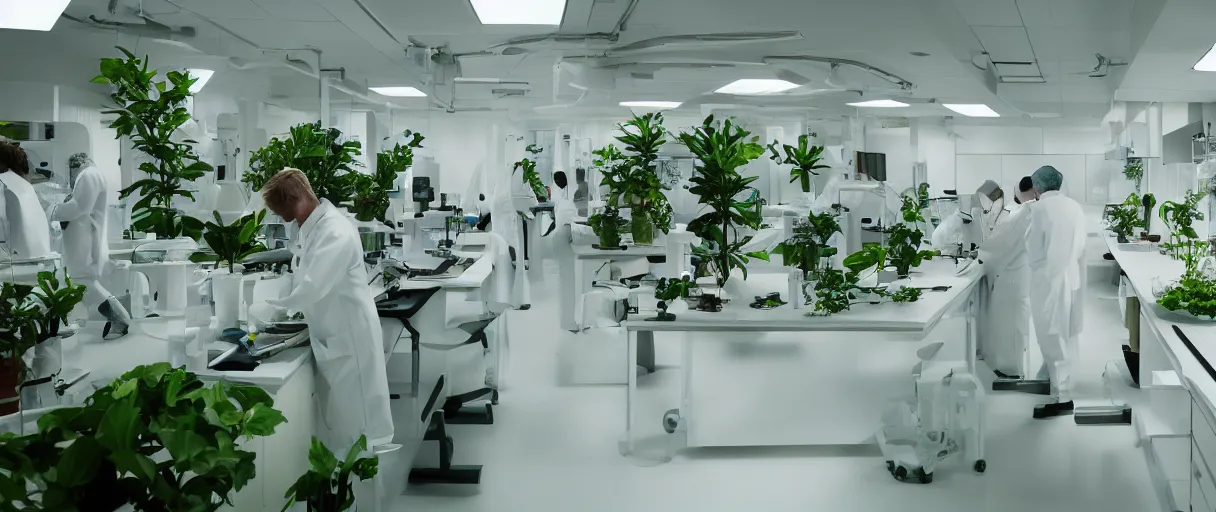 Prompt: movie still 4 k uhd 3 5 mm film color photograph of a clean white futuristic minimal biology lab full of plants