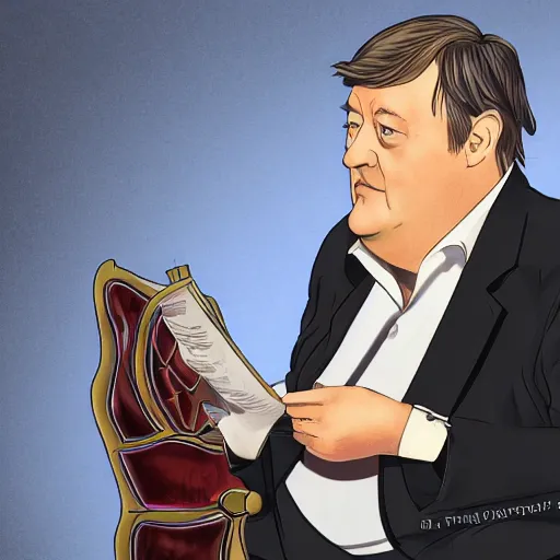 Prompt: Stephen Fry judging the world for its stupidity while sitting on a throne of knowledge., digital art 4k