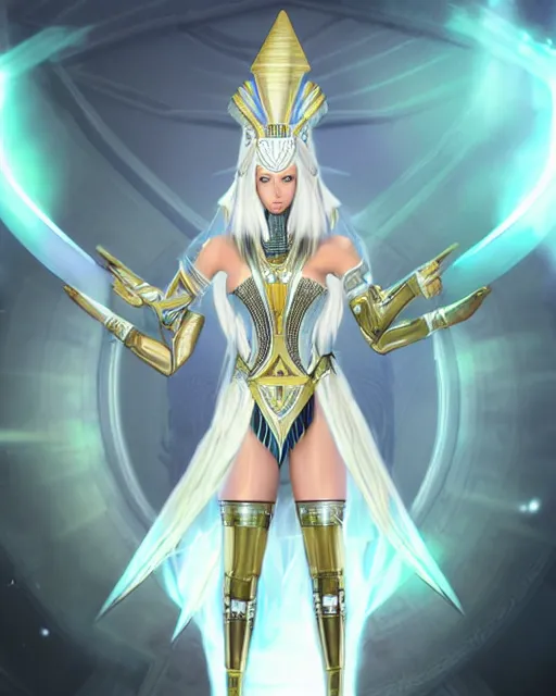 Image similar to perfect white haired attractive egyptian goddess, warframe armor, pharaoh headdress, beautiful, symmetric, dreamy, half asian, pretty face, green eyes, charlize theron, detailed, scifi platform, laboratory, experiment, 4 k, ultra realistic, epic lighting, android body, illuminated, cinematic, masterpiece, art by akihito tsukushi, voidstar