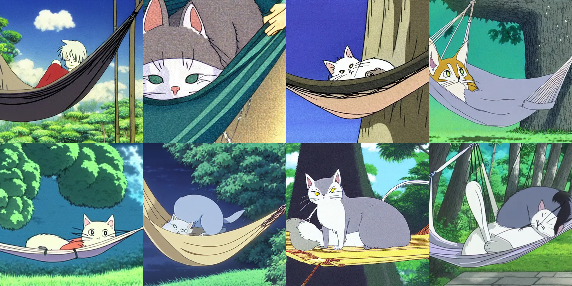 Prompt: grey cat sleeping on a hammock, anime still by studio ghibli, by hayao miyazaki