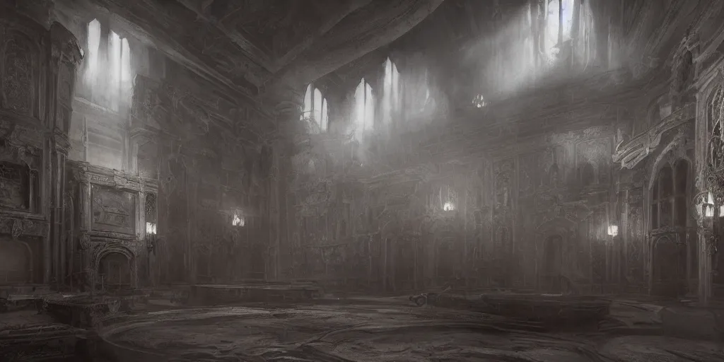 Prompt: interior of a haunted! castle, eerie dynamic lighting, cinematic, wide angle establishing shot, extremely high detail, photo realistic, cinematic lighting, post processed, concept art, artstation, matte painting, style by eddie mendoza, raphael lacoste, alex ross, volumetric lighting, light rays, photorealistic, ultrarealistic, moody, coronarender, 8 k