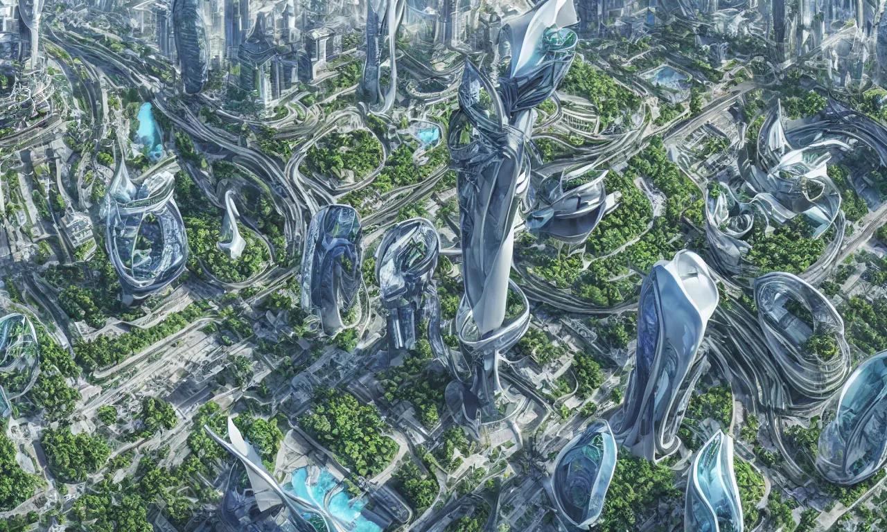 Image similar to retro exotic city, magnificent multi - level building complex, huge tv tower in the center of the city, surrounded by lush gardens, luxurious, gorgeous, zaha hadid architecture, epic big scene, epic composition, wide angle movie, miyazaki jun, nausicaa ghibli, marc simonetti 8 k rendering, post processing