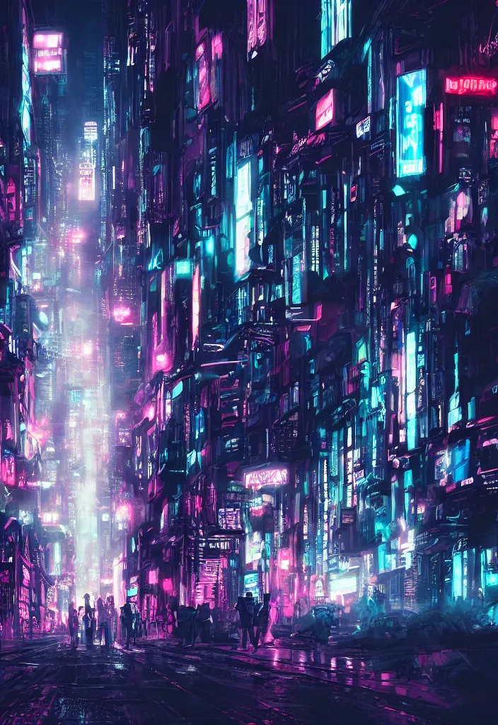 Image similar to concept art of a magnificent dark neon futuristic cyberpunk city bustling street at night cyberart in the style of liam wong, dramatic and moody, masterpiece, 8 k, high resolution, film grain