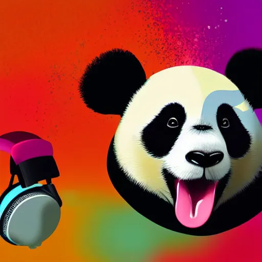 Prompt: colorful illustration of panda in headphones, colorful splatters, by andy wrahol and zac retz and kezie demessance