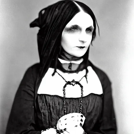 Image similar to close photo portrait of a gothic woman wearing 1 9 2 0'clothes, long hook nose, colorized