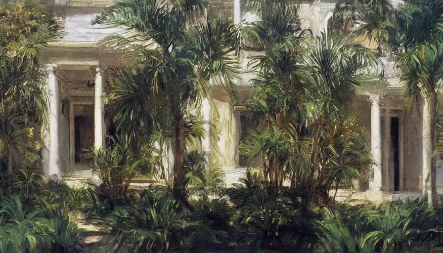 Prompt: artwork painting of the front of a florida building by eugene von guerard, ivan shishkin, john singer sargent