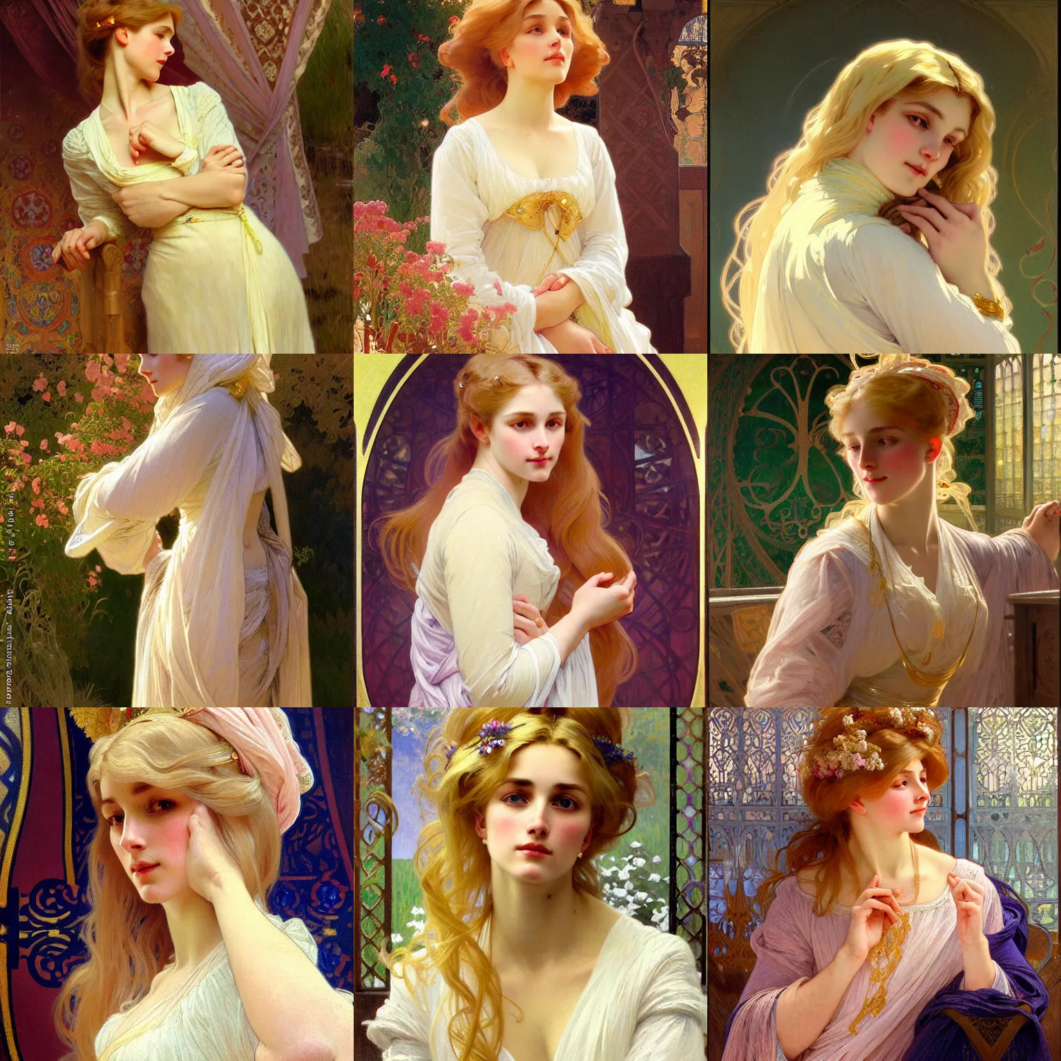 Prompt: painted portrait of a modest wife blessed by god with ever - increasing intelligence beauty and virtue. blonde, modest well - endowed holy body, light effect. feminine, powerful, in clothes! intricate, elegant, highly detailed, digital painting, artstation, concept art, smooth, sharp focus, illustration, art by gaston bussiere and alphonse mucha
