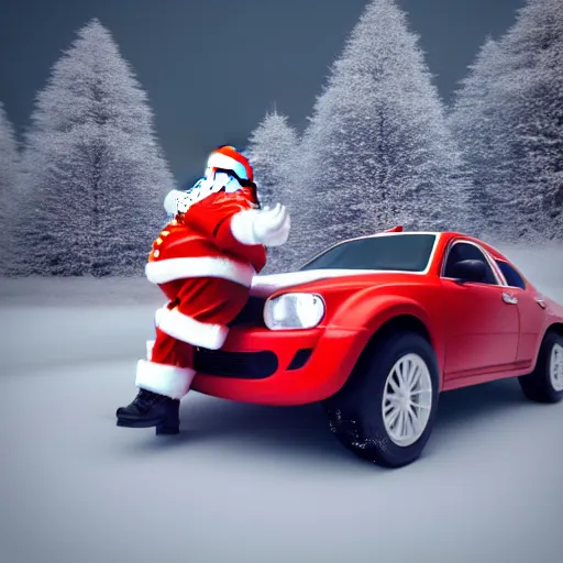 Image similar to Santa Clause driving a rally car he is going fast there is smoke coming from the tires there is snow on the track you can clearly see Santa Clause driving he is fat and jolly, octane render, realistic lighting, realistic shadows, highly reflective, photo realistic, hyper realistic