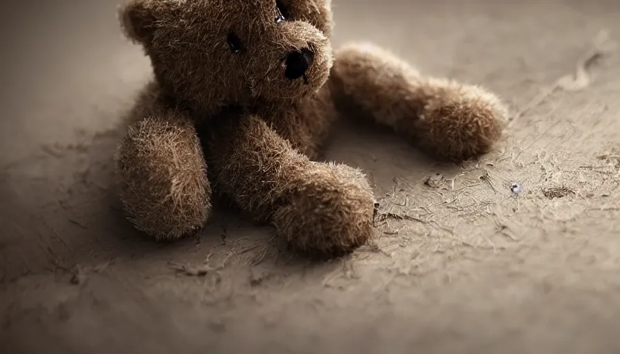 Prompt: teddy bear covered by dust and cobwebs on a dusty old wooden table, cracked wall, small light, hyperdetailed, artstation, cgsociety, 8 k