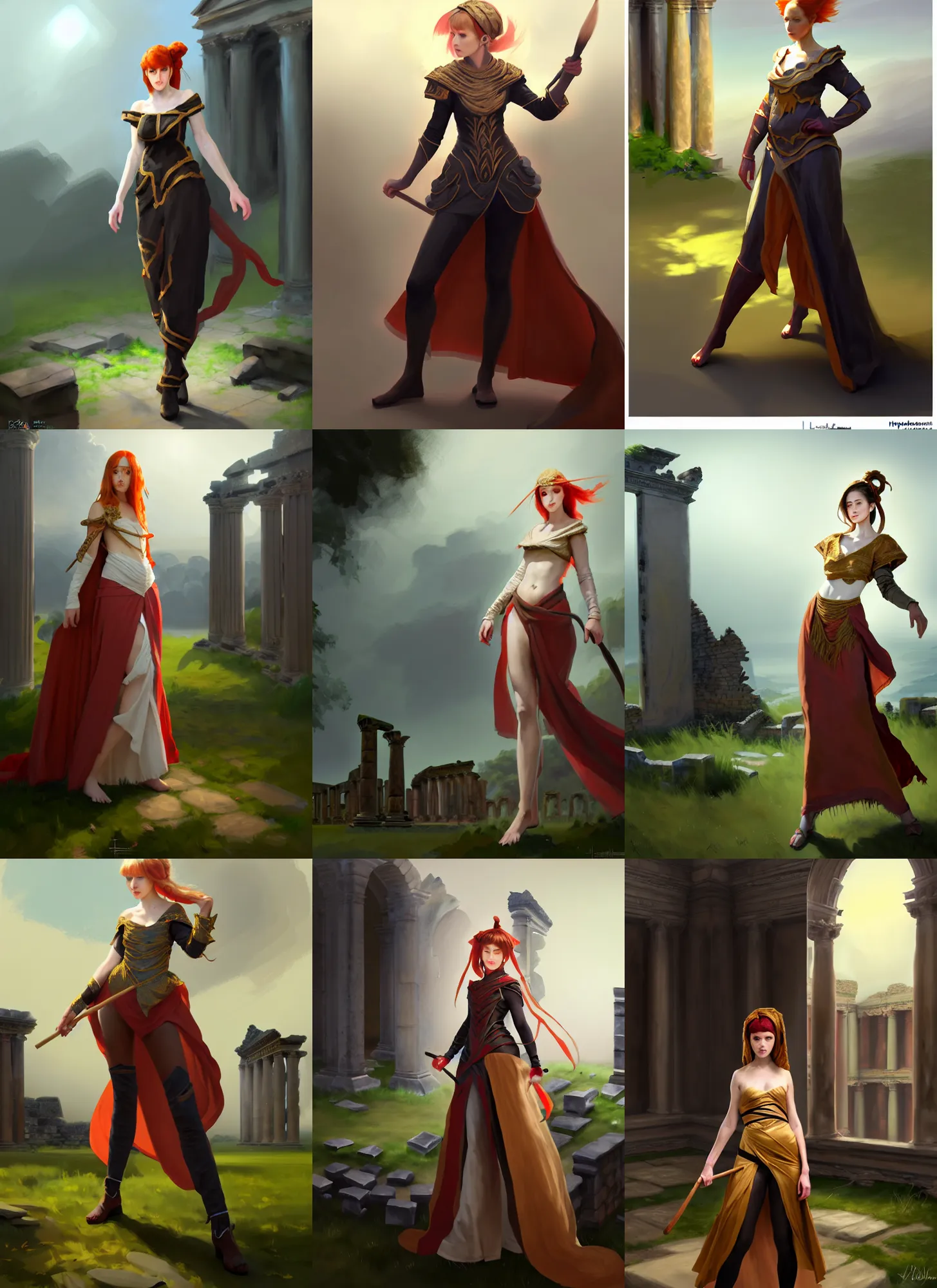 Prompt: traditional brushes strokes, costume design from luxury house designers, sophisticated composition, old masters light composition, procedurally generated, fire mage girl character posing for concept art, ancient ruins behind her, substance designer, PBR, HD, Ultra detailed, hyperrealistic, megascans, volumetric light, concept by master artist, made in paint tool SAI2, trending pixiv face