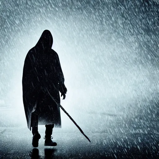 Image similar to a hooded man facing backwards in a tense rain, cinematic, cut-scene, ps5