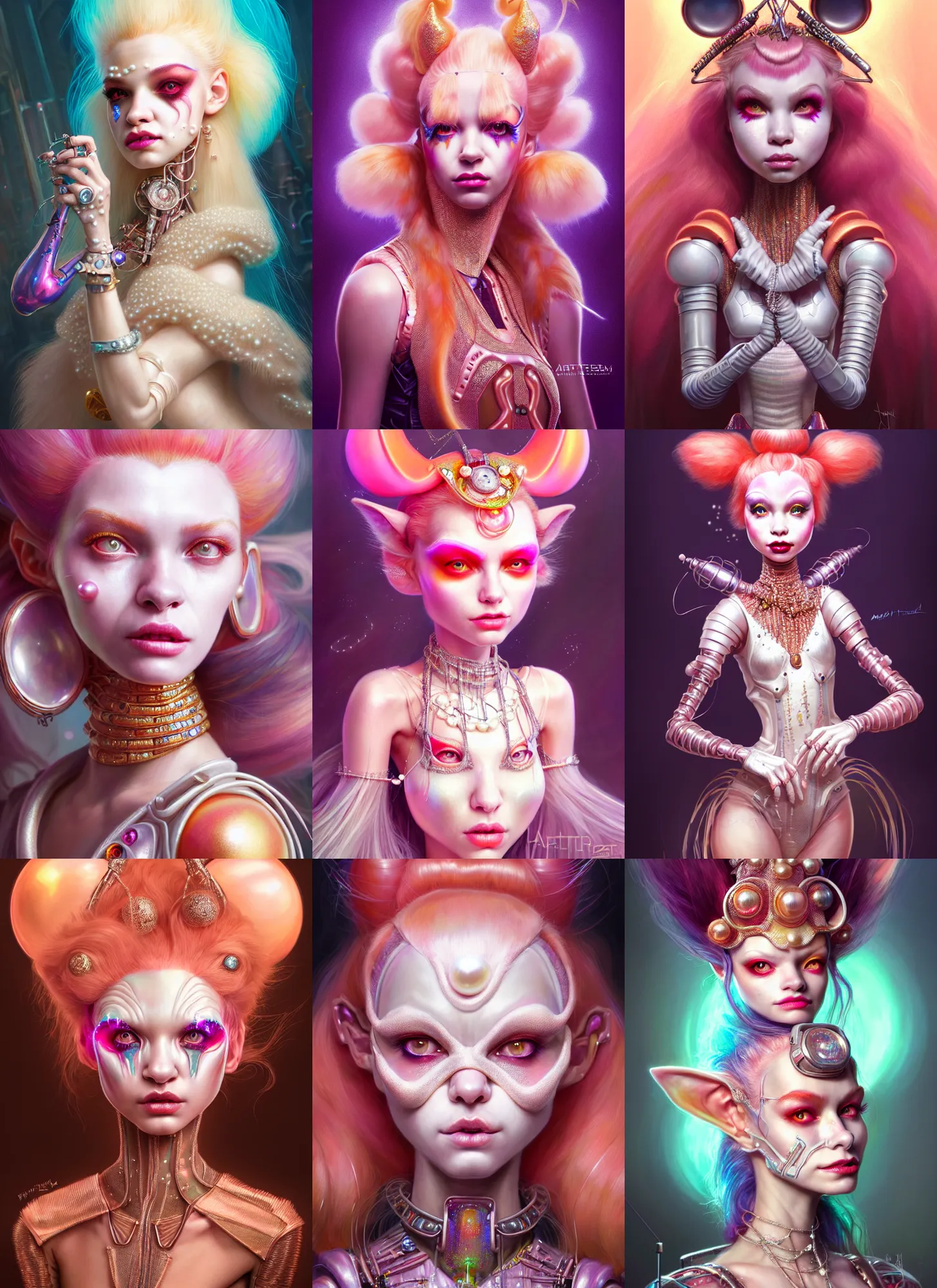Prompt: disney weta portrait, soft lustrous biotech raver white clowncore peach pearl cyborg, bling, hi - fructose, sci - fi fantasy cyberpunk intricate decadent highly - detailed digital painting, ever after high, octane render, artstation, concept art, smooth, sharp focus, illustration, art by artgerm, mucha, loish, wlop