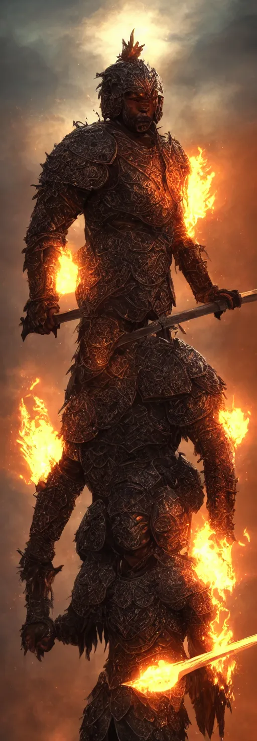 Prompt: portrait photo of a brutal melanated dark skin Warrior, wearing intricate nordic steel armour, holding a magical fiery battle-axe, sharp focus, highland landscape with few trees background, magical aura, heroic pose, fantasy style, octane render, volumetric lighting, 8k high definition, highly detailed, trending on ArtStation, centred