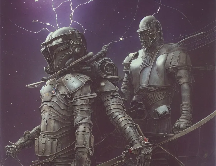 Image similar to a detailed portrait painting of a bounty hunter in combat armour and visor standing inside his ship. cinematic sci-fi poster. Flight suit and wires, accurate anatomy. Samurai influence, fencing armour. portrait symmetrical and science fiction theme with lightning, aurora lighting. clouds and stars. Futurism by beksinski carl spitzweg moebius and tuomas korpi. baroque elements. baroque element. intricate artwork by caravaggio. Oil painting. Trending on artstation. 8k