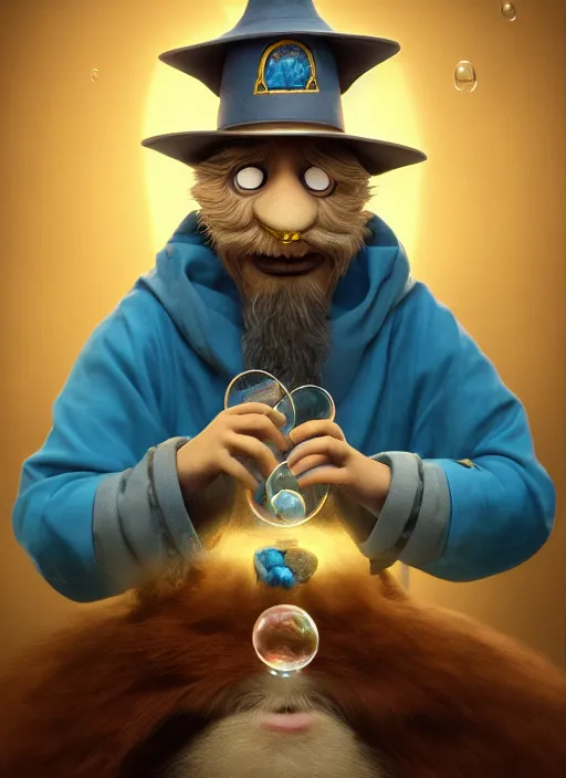 Image similar to an anthropomorphic beautiful male wizard portrait blowing bubbles wearing blue robe, fine art, award winning, intricate, elegant, sharp focus, octane render, hyperrealistic, wizard hat cinematic lighting, highly detailed, digital painting, 8 k concept art, art by jamie hewlett and z. w. gu, masterpiece, trending on artstation, 8 k