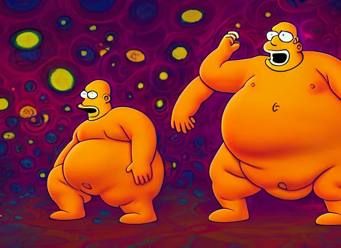 Prompt: A psychedelic portrait of very obese laughing and fat homer simpson background: burning stacks of money, vibrant color scheme, highly detailed, in the style of romanticism, cinematic, artstation, Moebius, Greg rutkowski