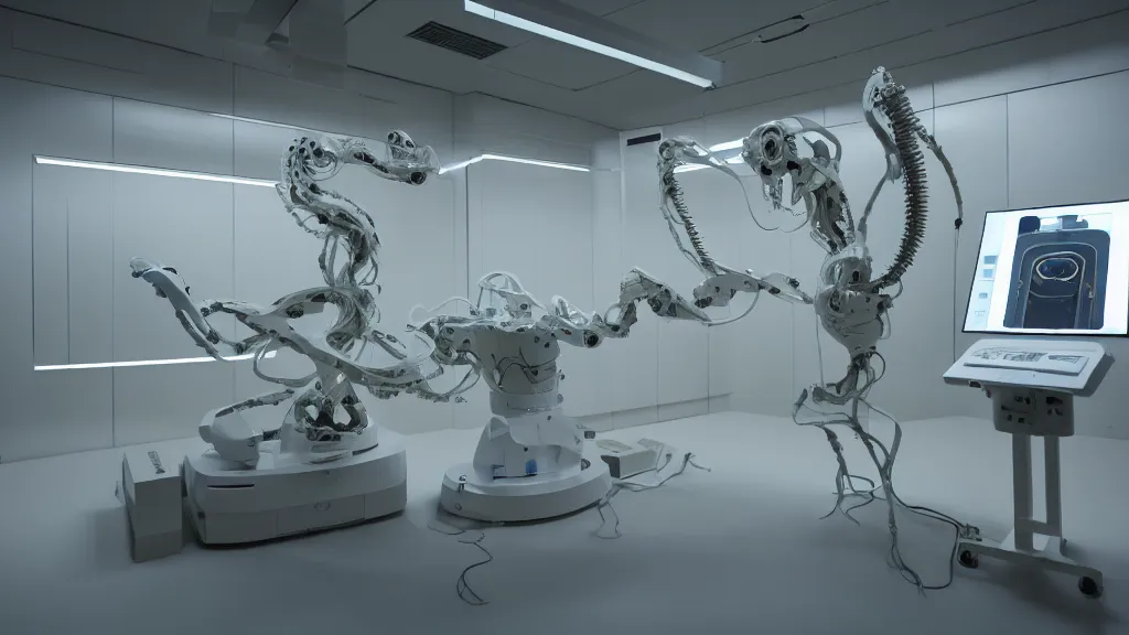 Prompt: a complex bifurcated robotic cnc surgical arm hybrid mri 3 d printer machine making organic ceramic kintsugi mandlebulb forms in the glass room laboratory with control panels, film still from the movie directed by denis villeneuve with art direction by salvador dali, wide lens, f 3 2, cinematic lighting, studio quality, smooth render, unreal engine 5 rendered, octane rendered