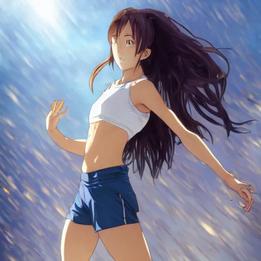 Image similar to a girl is running, sport clothing, anime style, long hair, hair down, symmetrical facial features, smiling face expression, from yowamushi pedal, hyper realistic, rule of thirds, extreme detail, detailed drawing, trending pixiv, realistic lighting, by alphonse mucha, greg rutkowski, sharp focus, backlit, high budget show