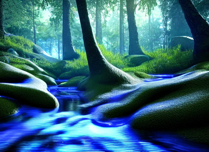 Image similar to hyperrealism, detailed textures, photorealistic 3 d render, a surreal mystical forest with a bright winding blue creek, sharp focus, ultra realistic, ultra high pixel detail, cinematic, intricate, cinematic light, concept art, illustration, art station, unreal engine 8 k