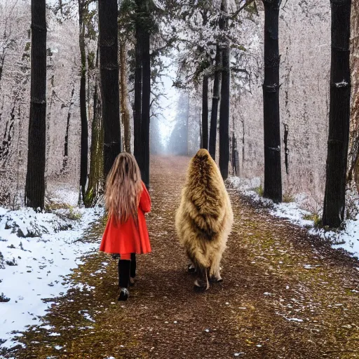 Image similar to a lion, a witch, and a wardrobe walking through a forest together in the winter time, 4 k